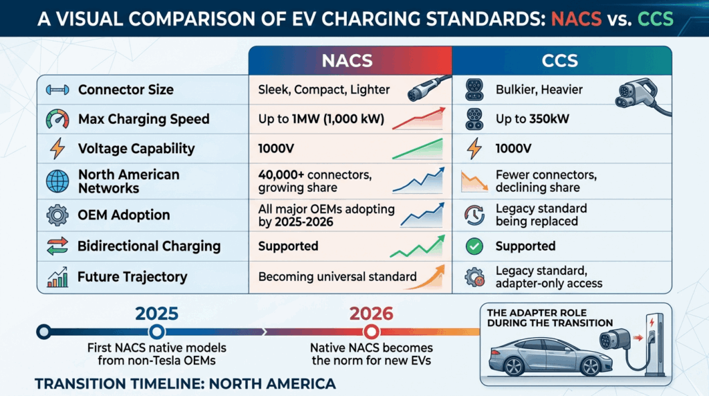 NACS vs. CCS: what does the standardization (SAE J3400) mean for US drivers? Comparison chart showing NACS advantages: smaller connector, up to 1MW vs 350kW, 40,000+ NACS connectors, all major OEMs adopting by 2025-2026