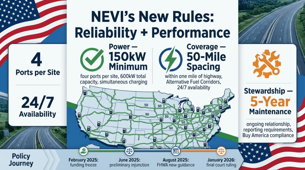 NEVI's new rules: 97% uptime + 150kW – the US raises the bar for public chargers — infographic showing federal standards requiring 97 percent annual uptime, 150kW minimum per port, four ports per site, 50-mile spacing, 24/7 availability, and five-year maintenance for NEVI-funded EV charging stations