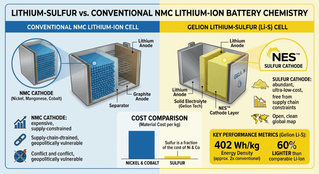 Nissan + Oxford + Gelion partnership – can lithium-sulfur break the cost barrier? Comparison chart showing Gelion NES sulfur cathode replacing nickel and cobalt in EV batteries, with 402 Wh/kg energy density and 60% weight reduction versus conventional lithium-ion