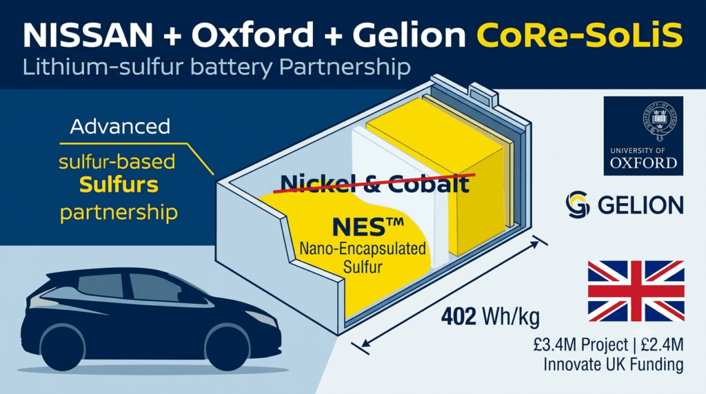 Nissan + Oxford + Gelion partnership – can lithium-sulfur break the cost barrier? Infographic showing the CoRe-SoLiS project replacing nickel and cobalt with Gelion NES nano-encapsulated sulfur cathode technology, 402 Wh/kg energy density, £3.4 million total cost with £2.4 million Innovate UK funding