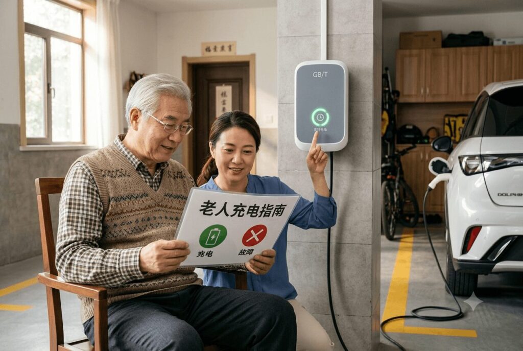 Adult daughter teaching her elderly father the simple LED indicator on one of the top 5 set it and forget it chargers for Chinese seniors simplified apps, with a laminated quick-reference card in his hands showing large-print instructions for troubleshooting.