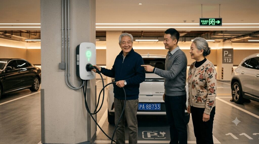 Warm intergenerational family scene showing the top 5 set it and forget it chargers for Chinese seniors simplified apps concept, with an elderly couple and their son confidently using a home EV charger with a simple green LED indicator in a Shanghai parking garage.