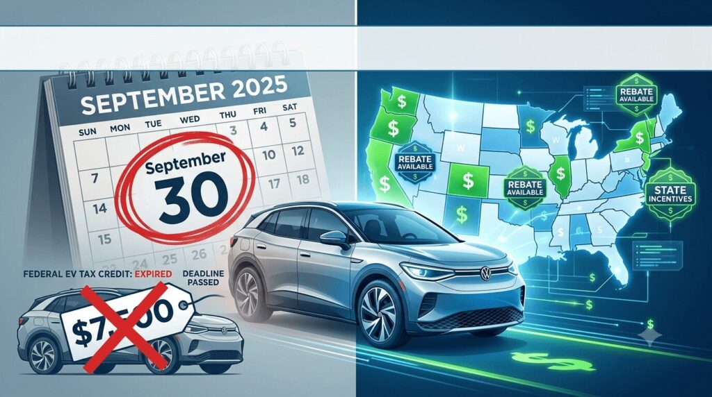 Map of US states with active EV rebate programs after the federal EV tax credit expired in 2026, showing Vermont's $5,000 new EV credit, California's $3,500 rebate, and other state incentives replacing the expired federal credit