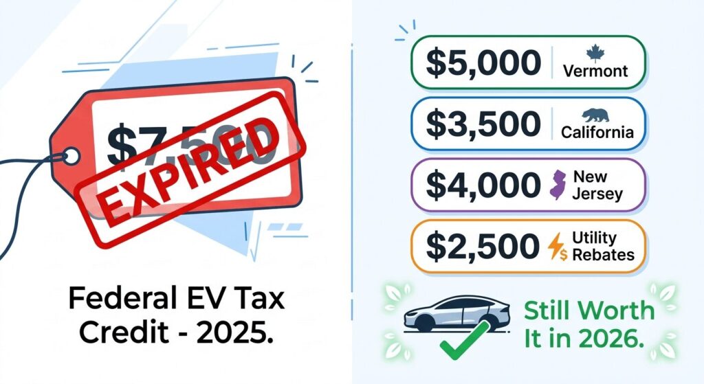 Comparison chart showing state EV rebates replacing the federal EV tax credit expired in 2026, with Vermont offering $5,000 new EVs, California $3,500, New Jersey $4,000, and utility rebates up to $2,500