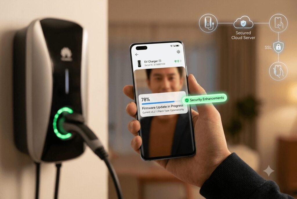 Close-up mobile app view of the OTA update process for firmware updates why your Chinese smart charger needs security patches like a phone, featuring a progress bar and a network security lock icon.