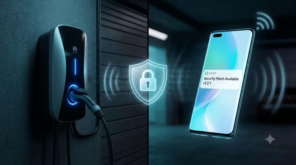 Featured image illustrating firmware updates why your Chinese smart charger needs security patches like a phone, showing a smart EV charger linked to a smartphone with a security alert and a protective digital shield.