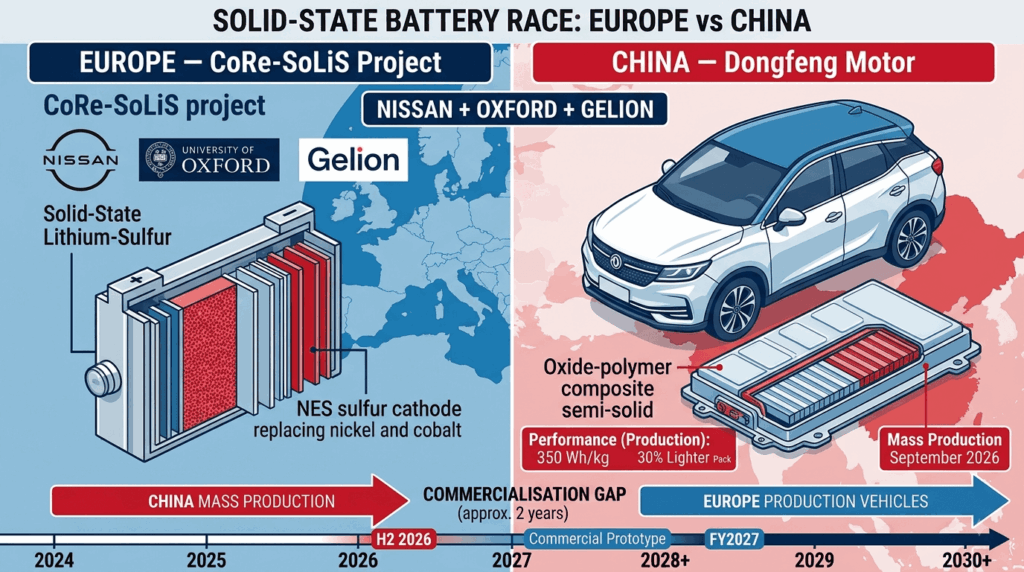 Europe focus: Nissan Europe/Oxford/Gelion; Dongfeng's planned mass production (H2 2026) — split infographic showing European CoRe-SoLiS project with Gelion NES sulfur cathode 402 Wh/kg and Dongfeng solid-state battery with 350 Wh/kg, 1,000+ km range entering mass production in H2 2026
