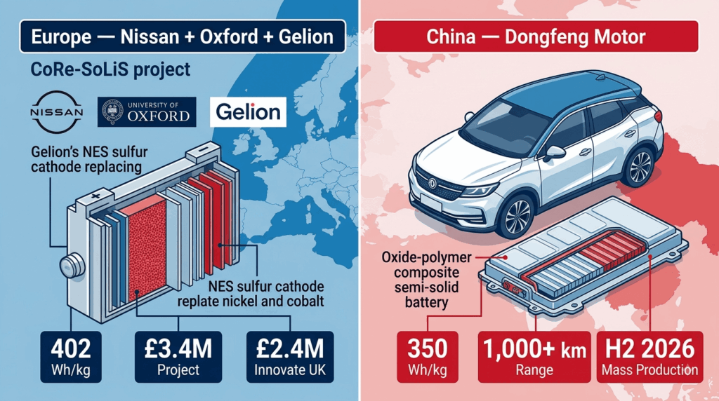Europe focus: Nissan Europe/Oxford/Gelion; Dongfeng's planned mass production (H2 2026) — comparison chart showing European CoRe-SoLiS project with 402 Wh/kg lithium-sulfur versus Dongfeng 350 Wh/kg oxide-polymer composite solid-state battery entering mass production in September 2026