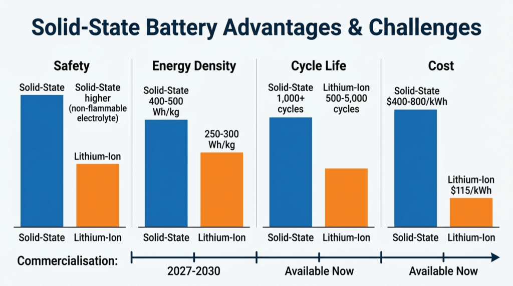Solid-state vs. lithium-ion: safety, range, and cost compared — comparison chart showing solid-state battery advantages in safety, energy density (400-500 Wh/kg), and cycle life, with current cost disadvantage ($400-800/kWh vs $115/kWh) and 2027-2030 commercialisation timeline