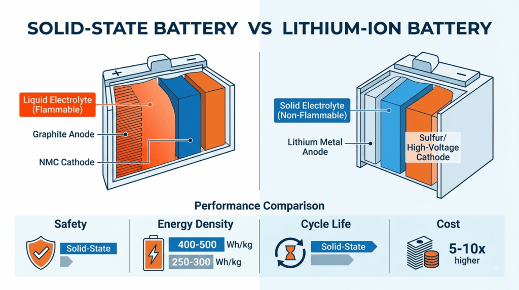Solid-state vs. lithium-ion: safety, range, and cost compared — infographic showing solid-state battery with non-flammable solid electrolyte, lithium metal anode, 400-500 Wh/kg energy density versus conventional lithium-ion with flammable liquid electrolyte, graphite anode, 250-300 Wh/kg energy density