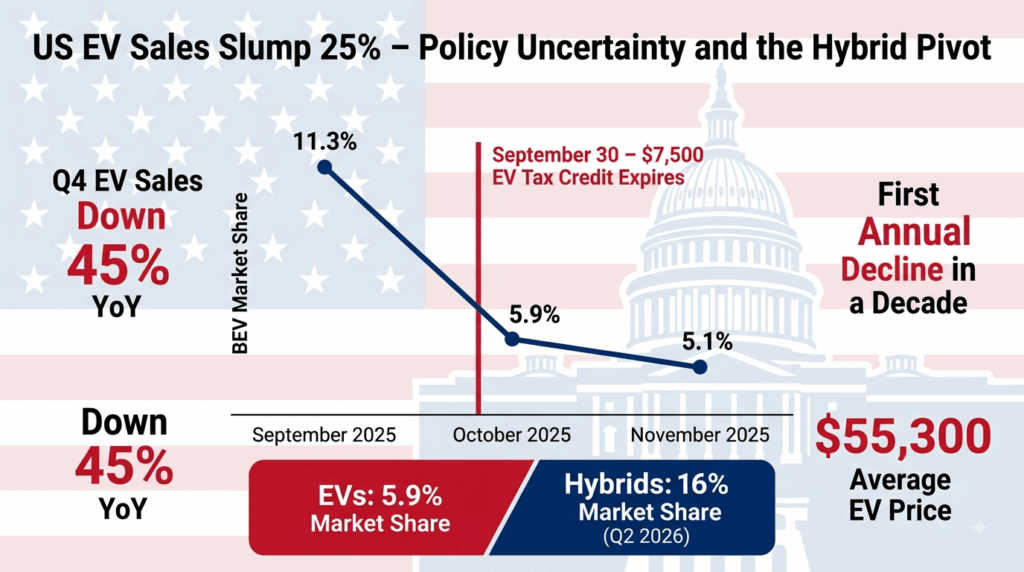 US EV sales slump 25% – policy uncertainty and the hybrid pivot — infographic showing BEV market share collapse from 11.3 percent in September 2025 to 5.9 percent in October 2025 after $7,500 EV tax credit expired, with hybrid vehicles reaching record 16 percent market share