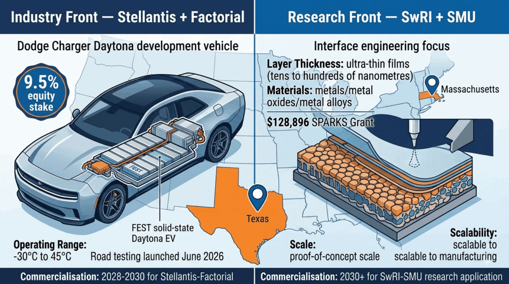 US focus: Factorial Energy's partnership with Stellantis; SwRI and SMU collaborative research — split infographic showing Stellantis-Factorial Dodge Charger Daytona road testing with 375 Wh/kg FEST cells and SwRI-SMU interface engineering research with ultra-thin films for solid-state batteries