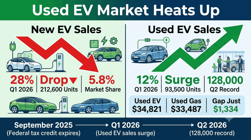 Used EV market heats up: are they the best investment after federal credits vanished? Comparison chart showing used EV price gap shrinking from $10,000+ in 2023 to $1,102 in 2026, sales surging to 93,500 in Q1 and 128,000 in Q2, and off-lease EVs flooding the market with 300,000+ in 2026