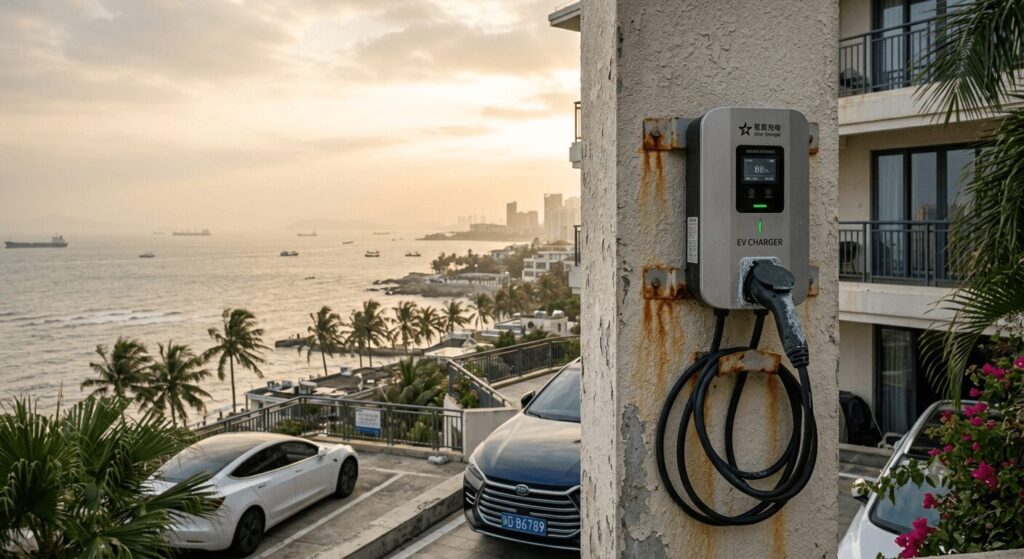 A wide coastal view of an outdoor EV charger mounted on a wall in Xiamen, showing early rust on the brackets and salt residue on the connector, visually depicting the environmental challenge of rust dust and humidity maintaining your outdoor charger in coastal Xiamen.