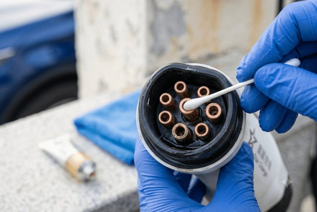 A close-up of gloved hands cleaning the copper GB/T connector pins with isopropyl alcohol and a swab, demonstrating the critical step for rust dust and humidity maintaining your outdoor charger in coastal Xiamen.