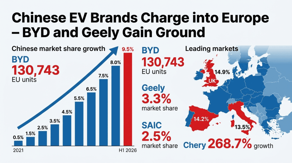 Chinese EV brands charge into Europe – BYD and Geely gain ground — infographic showing Chinese brands reaching 9.5% European market share in H1 2026, up from 0.5% in 2021, with BYD at 130,743 EU units and Geely at 3.3% market share