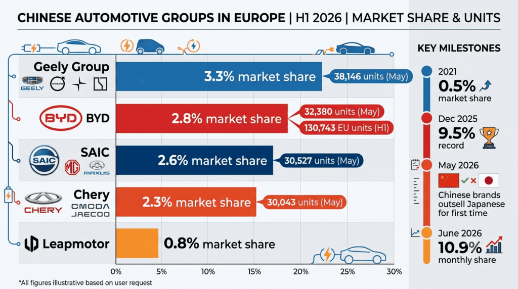 Chinese EV brands charge into Europe – BYD and Geely gain ground — comparison chart showing Geely 3.3% market share, BYD 2.8%, SAIC 2.6%, and Chery 2.3%, with timeline from 0.5% in 2021 to 10.9% in June 2026