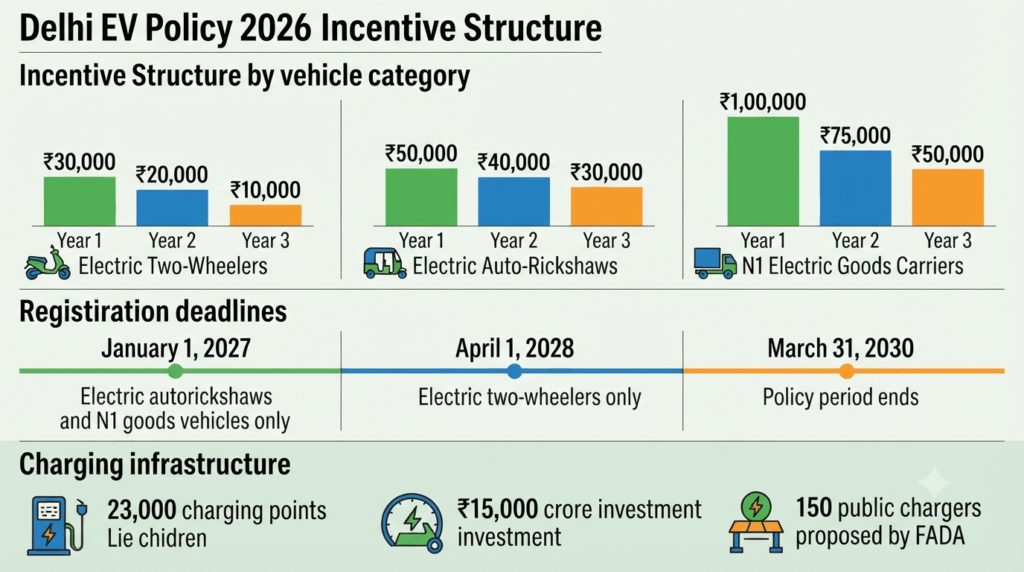 Delhi's new EV policy 2026: mandatory charging stations at dealerships and new rules — comparison chart showing incentive structure for two-wheelers, auto-rickshaws, and goods carriers, registration deadlines for January 2027 and April 2028, and 23,000 charging points target
