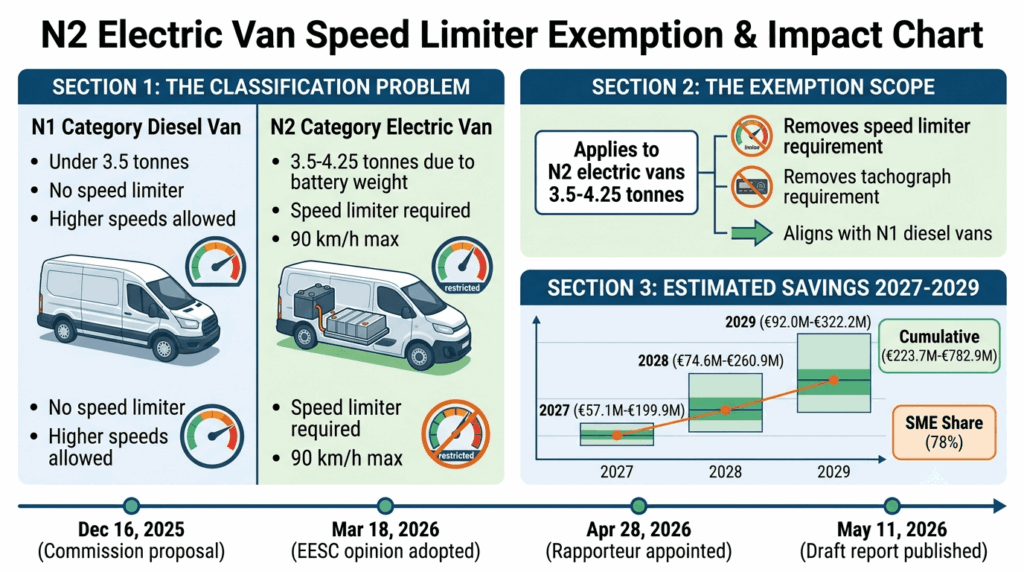 New EU van rules: N2 category EVs exempt from speed limiter mandates — comparison chart showing N1 diesel vans without speed limiters versus N2 electric vans with speed limiters, the exemption scope, and estimated savings of €223.7 million to €782.9 million from 2027 to 2029