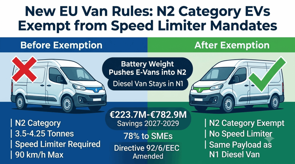 New EU van rules: N2 category EVs exempt from speed limiter mandates — infographic showing electric vans with battery weight pushed into N2 category facing 90 km/h speed limiter requirement, now exempt, with €782.9 million cumulative savings from 2027 to 2029 and 78 percent benefiting SMEs
