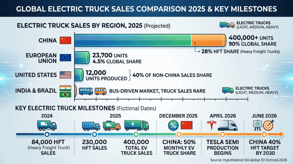 Electric heavy-duty truck sales triple: the 200,000-unit logistics revolution — infographic showing heavy freight truck sales surging from 84,000 in 2024 to 230,000 in 2025, total electric truck sales exceeding 400,000 units with 9 percent global market share, and China accounting for over 90 percent of global sales