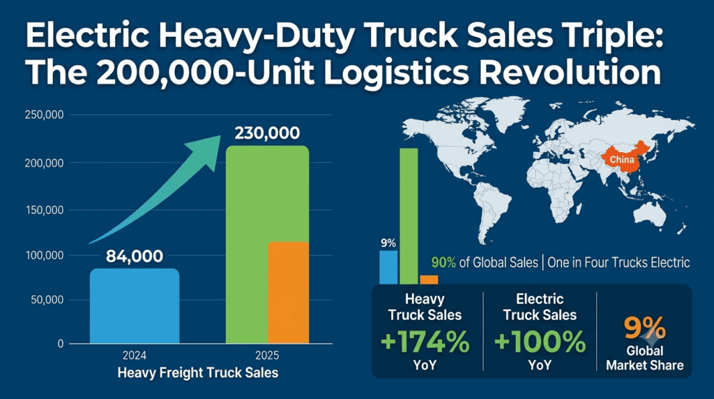 Electric heavy-duty truck sales triple: the 200,000-unit logistics revolution — comparison chart showing China leading with 400,000+ electric truck sales and 90 percent global share, European Union at 23,700 units, United States at 12,000 units produced, with timeline from 2024 to 2030 targets