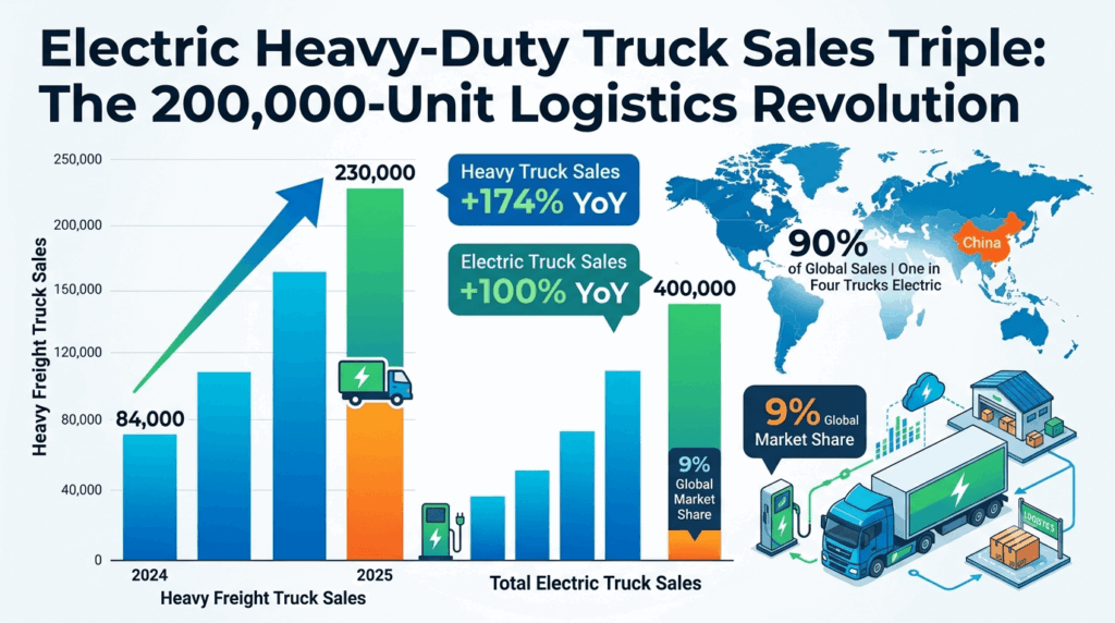 Electric heavy-duty truck sales triple: the 200,000-unit logistics revolution — infographic showing heavy freight truck sales surging from 84,000 in 2024 to 230,000 in 2025, total electric truck sales exceeding 400,000 units with 9 percent global market share, and China accounting for over 90 percent of global sales