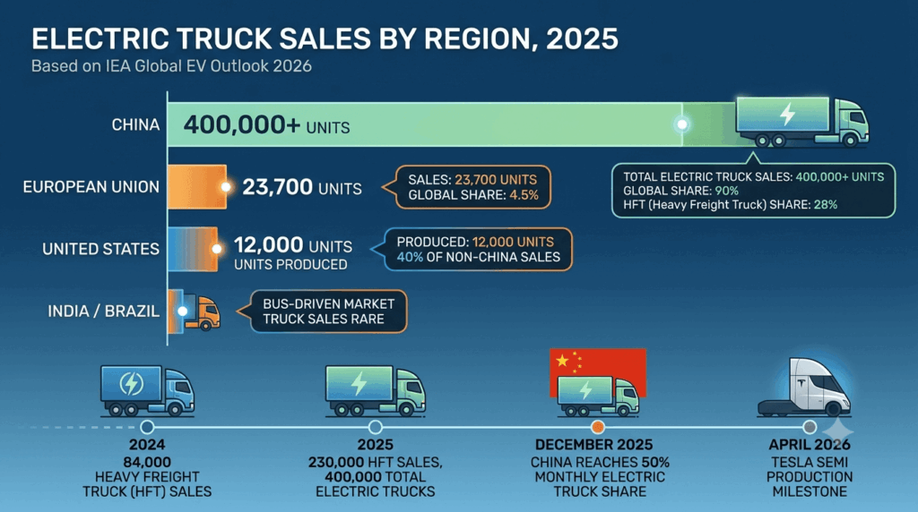 Electric heavy-duty truck sales triple: the 200,000-unit logistics revolution — comparison chart showing China leading with 400,000+ electric truck sales and 90 percent global share, European Union at 23,700 units, United States at 12,000 units produced, with timeline from 2024 to 2026