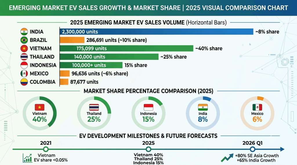 Emerging market EV explosion: Southeast Asia doubles sales, LatAm grows 75% — infographic showing Southeast Asia sales more than doubling to 500,000+ units, Latin America growing 75% with Brazil at 286,691 units, Vietnam at 40 percent market share, and India at 2.3 million EVs sold