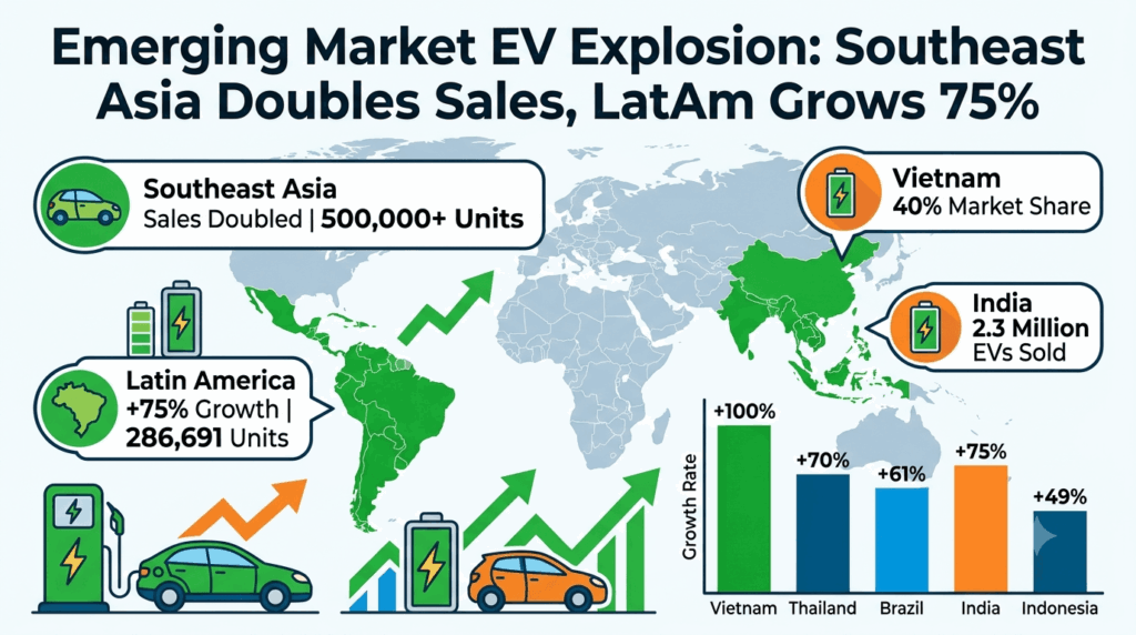Emerging market EV explosion: Southeast Asia doubles sales, LatAm grows 75% — comparison chart showing Vietnam at 175,099 units, Thailand at 140,000, Indonesia at 100,000+, Brazil at 286,691, Mexico at 96,636, India at 2.3 million, and Colombia at 87,677 units