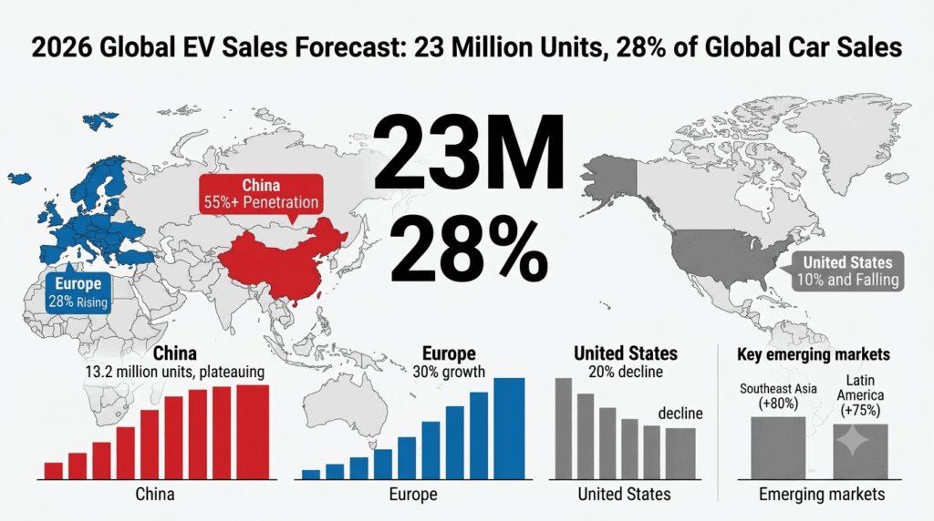 2026 global EV sales forecast: 23 million units, 28% of global car sales - infographic showing global EV sales reaching 23 million units and 28 percent market share, with China at 55 percent penetration, Europe at 28 percent, United States at 10 percent, and emerging markets growing 75 to 80 percent