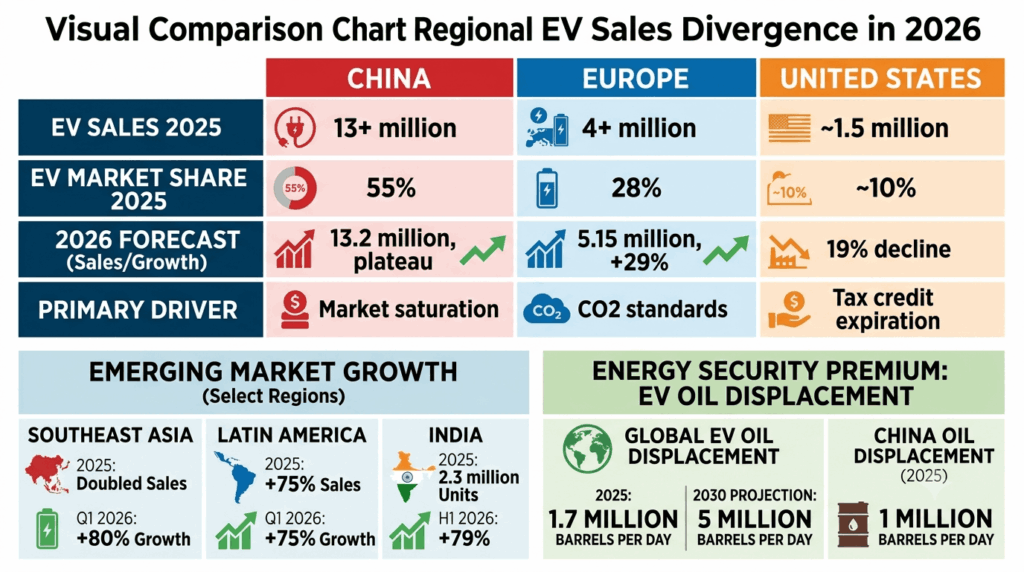 2026 global EV sales forecast: 23 million units, 28% of global car sales - comparison chart showing China at 13.2 million units plateauing, Europe at 5.15 million units growing 29 percent, United States declining 20 percent, and emerging markets growing 75 to 80 percent