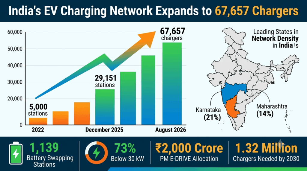 India's EV charging network expands to 67,657 chargers: what it means for EV adoption — infographic showing growth from 5,000 stations in 2022 to 67,657 chargers in August 2026, with 1,139 battery swapping stations, Karnataka and Maharashtra leading, and 1.32 million chargers needed by 2030