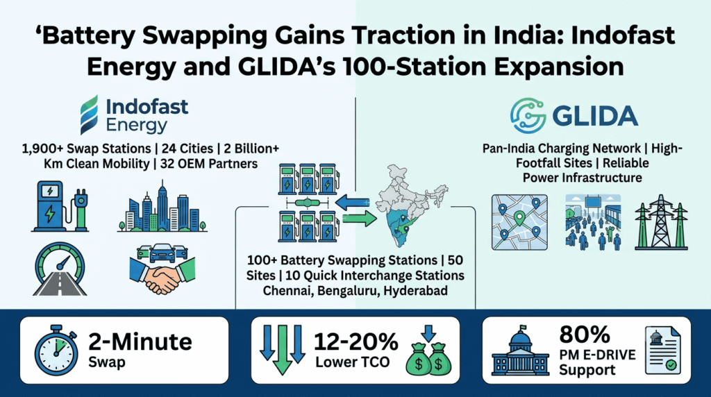 Battery swapping gains traction in India: Indofast Energy and GLIDA's 100-station expansion — infographic showing Indofast Energy with 1,900+ swap stations and GLIDA partnership to deploy 100+ battery-swapping stations across 50 sites with Quick Interchange Stations in Chennai, Bengaluru, and Hyderabad