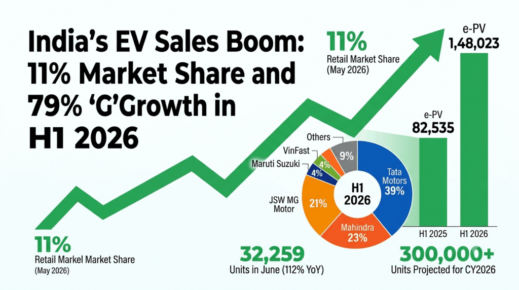 India's EV sales boom: crossing 11% market share and 79% growth in H1 2026 — infographic showing e-PV sales rising from 82,535 to 148,023 units, 11 percent retail market share, Tata Motors 39 percent share, Mahindra 23 percent, MG 21 percent, and new entrants Maruti, VinFast, and Tesla