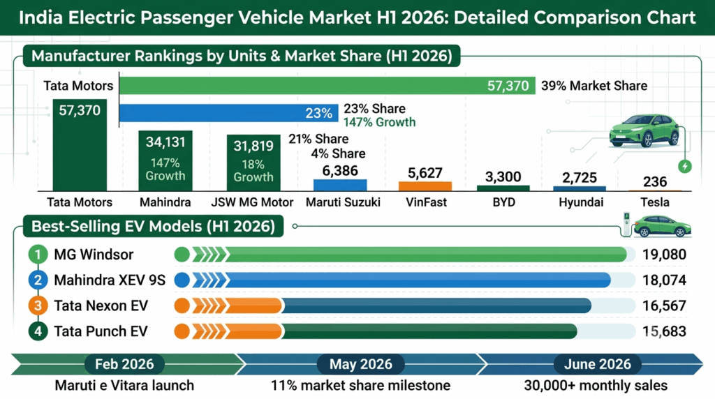 India's EV sales boom: crossing 11% market share and 79% growth in H1 2026 — comparison chart showing Tata Motors 57,370 units, Mahindra 34,131 units with 147% growth, MG 31,819 units, new entrants Maruti 6,386 and VinFast 5,627, and best-selling models including MG Windsor and Mahindra XEV 9S