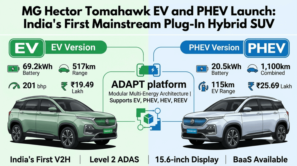 MG Hector Tomahawk EV and PHEV launch: India's first mainstream plug-in hybrid SUV — infographic showing EV with 69.2kWh battery, 517km range at ₹19.49 lakh and PHEV with 20.5kWh battery, 1,100km combined range at ₹25.69 lakh, built on ADAPT platform with V2H capability