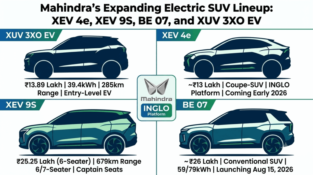 Mahindra's expanding electric SUV lineup: XEV 4e, XEV 9S, BE 07, and XUV 3XO EV — grid infographic showing XUV 3XO EV at ₹13.89 lakh, XEV 4e coming early 2026, XEV 9S 6-seater at ₹25.25 lakh with 679km range, and BE 07 launching August 15, 2026