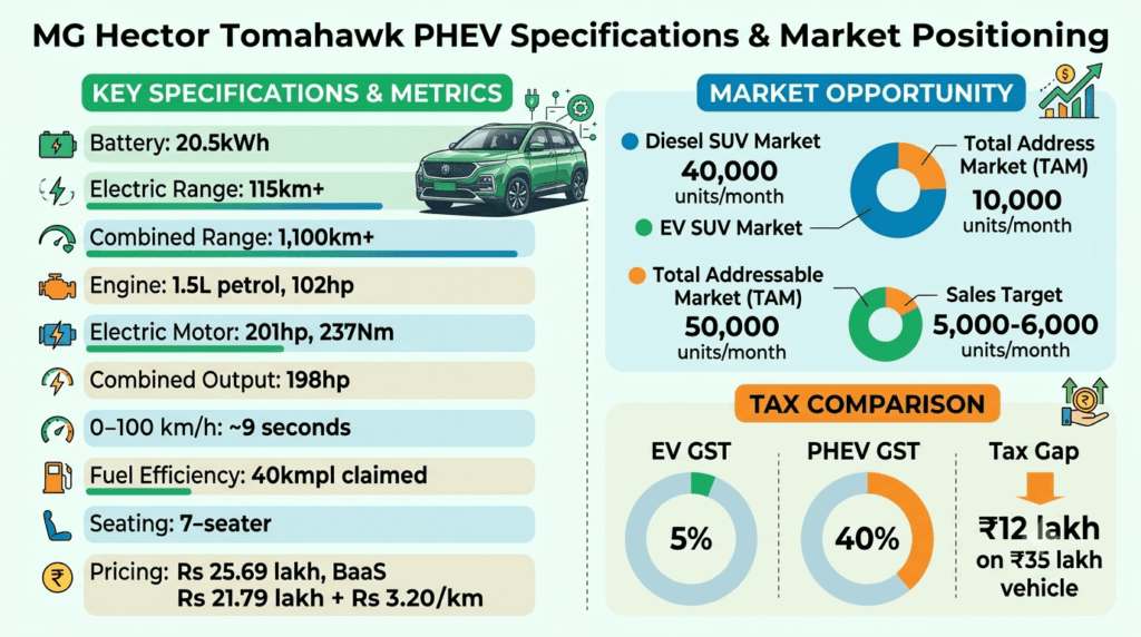 PHEV vs EV: why India's first mass-market plug-in hybrid could reshape the market — infographic showing MG Hector Tomahawk PHEV with 115km electric range, 1,100km combined range, Rs 3,000-4,000 running cost versus diesel at Rs 10,000-12,000 per 1,000km