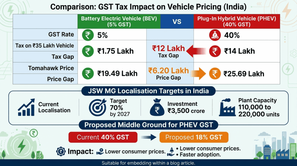 The tax barrier holding back PHEVs in India: a call for lower GST — infographic showing EV at 5% GST with ₹1.75 lakh tax versus PHEV at 40% GST with ₹14 lakh tax, creating a ₹12 lakh gap, with Tomahawk EV at ₹19.49 lakh and PHEV at ₹25.69 lakh